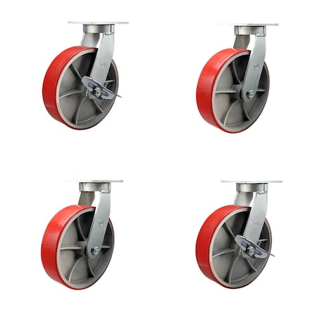 Service Caster 10'' Heavy Duty Red Poly on Cast Iron Caster Set 2 Swivel Lock 2 Brakes, 4PK CRAN-SCC-KP92S1030-PUR-RS-BSL-2-SLB2